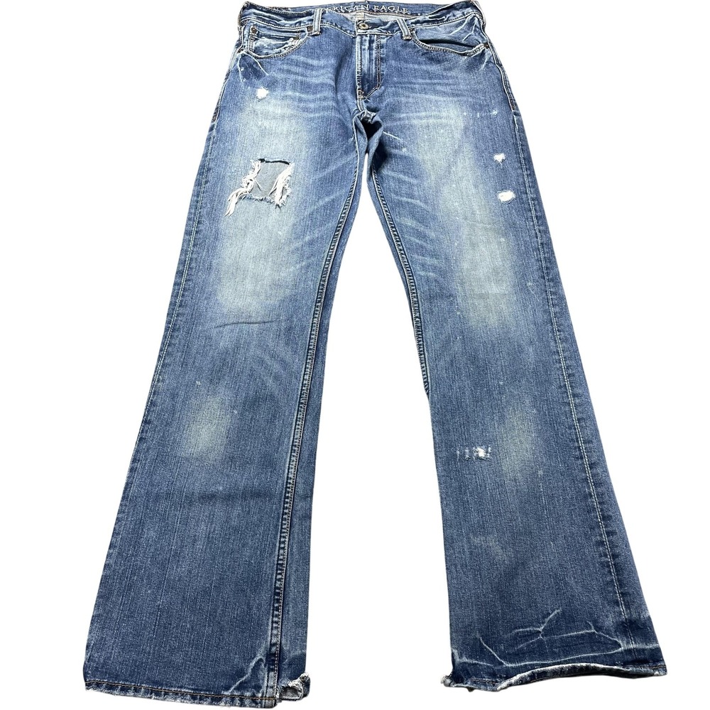 American Eagle Low Rise Boot Jeans Mens 34x36 Blue Medium Wash Distressed Y2K